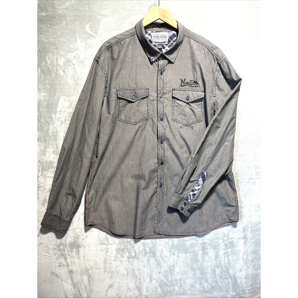 Mark Ecko Cut & Sew Shirt Mens XXL Gray Striped Plaid Embroidery & Pearl Accents